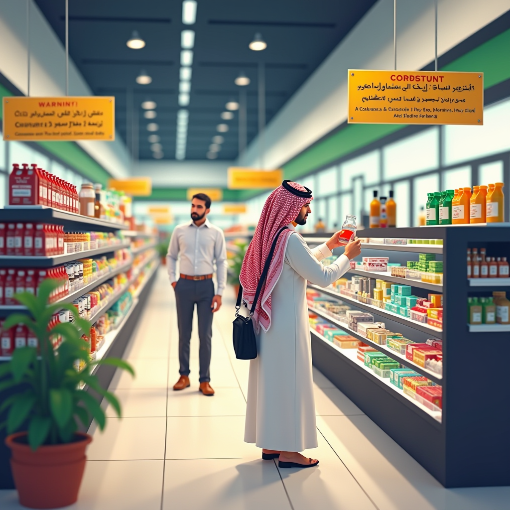صورة توضيحية لمستهلك سعودي يفحص منتجات في سوق حديث، مع عرض لافتات تحذيرية حول الغش التجاري وحقوق المستهلك، بأسلوب احترافي يعكس الوعي الاستهلاكي في المملكة العربية السعودية