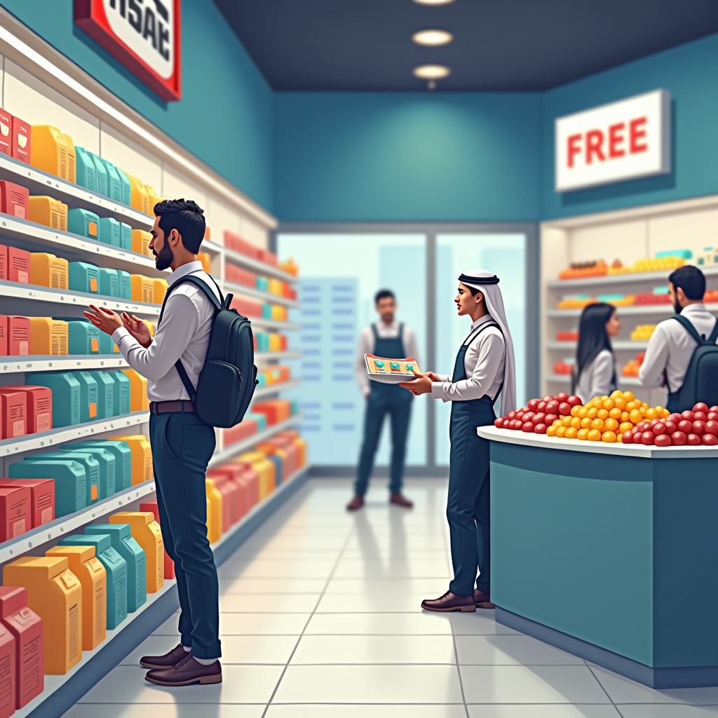 صورة توضيحية لمحل تجاري سعودي حديث يعرض لافتات أسعار واضحة على المنتجات المختلفة، مع عميل يقوم بفحص الأسعار والمقارنة بينها، وكاشير يظهر في الخلفية، في بيئة تسوق منظمة ونظيفة تعكس معايير الشفافية التجارية