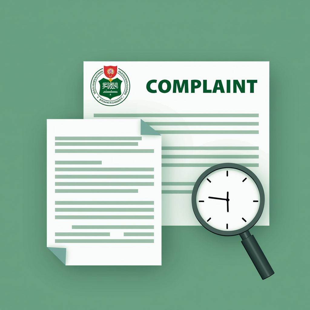 صورة توضيحية لنموذج تقديم شكوى رسمية ضد منشأة تجارية في المملكة العربية السعودية، تظهر مستندات رسمية وختم وزارة التجارة مع خلفية خضراء مؤسسية