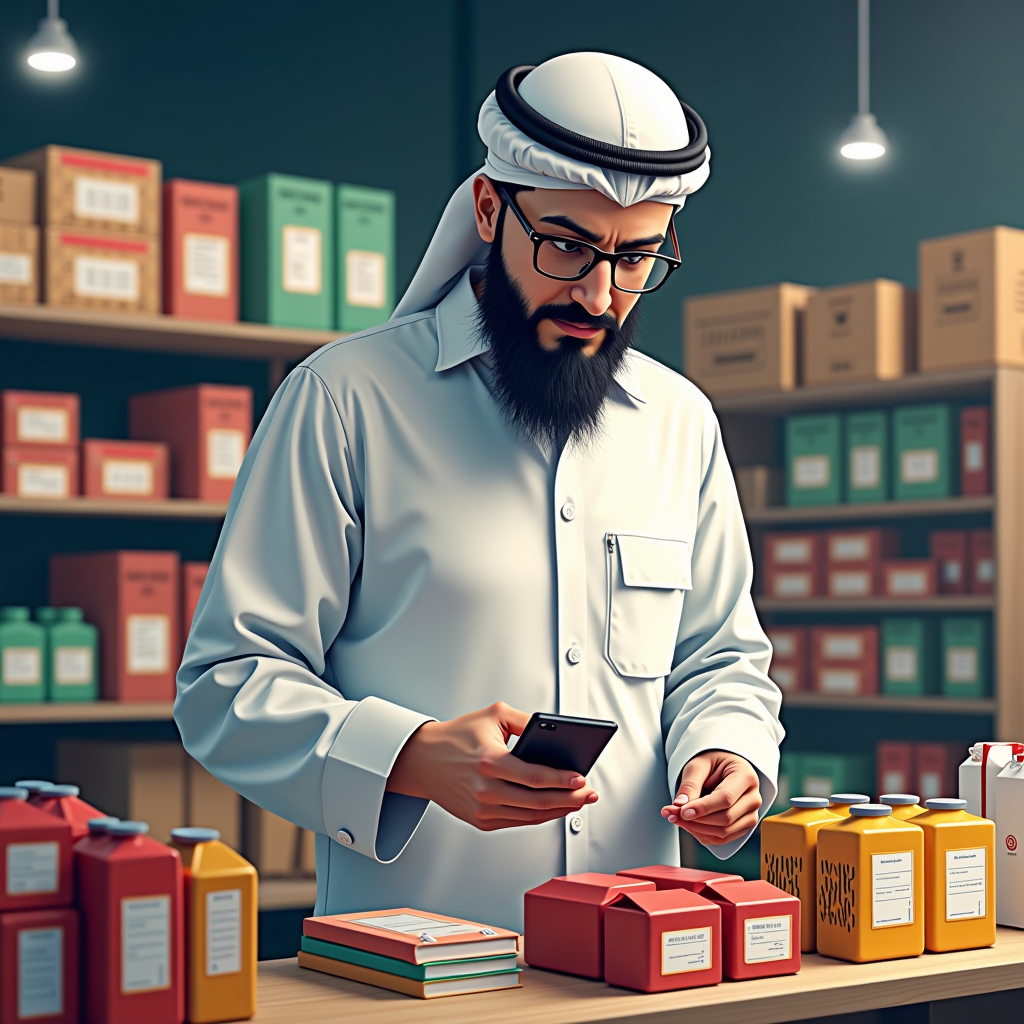 صورة توضيحية لمفتش تجاري يفحص منتجات في سوق سعودي، مع عناصر بصرية تشير إلى الغش التجاري مثل ملصقات مزيفة وأختام تفتيش، تصميم مؤسسي احترافي